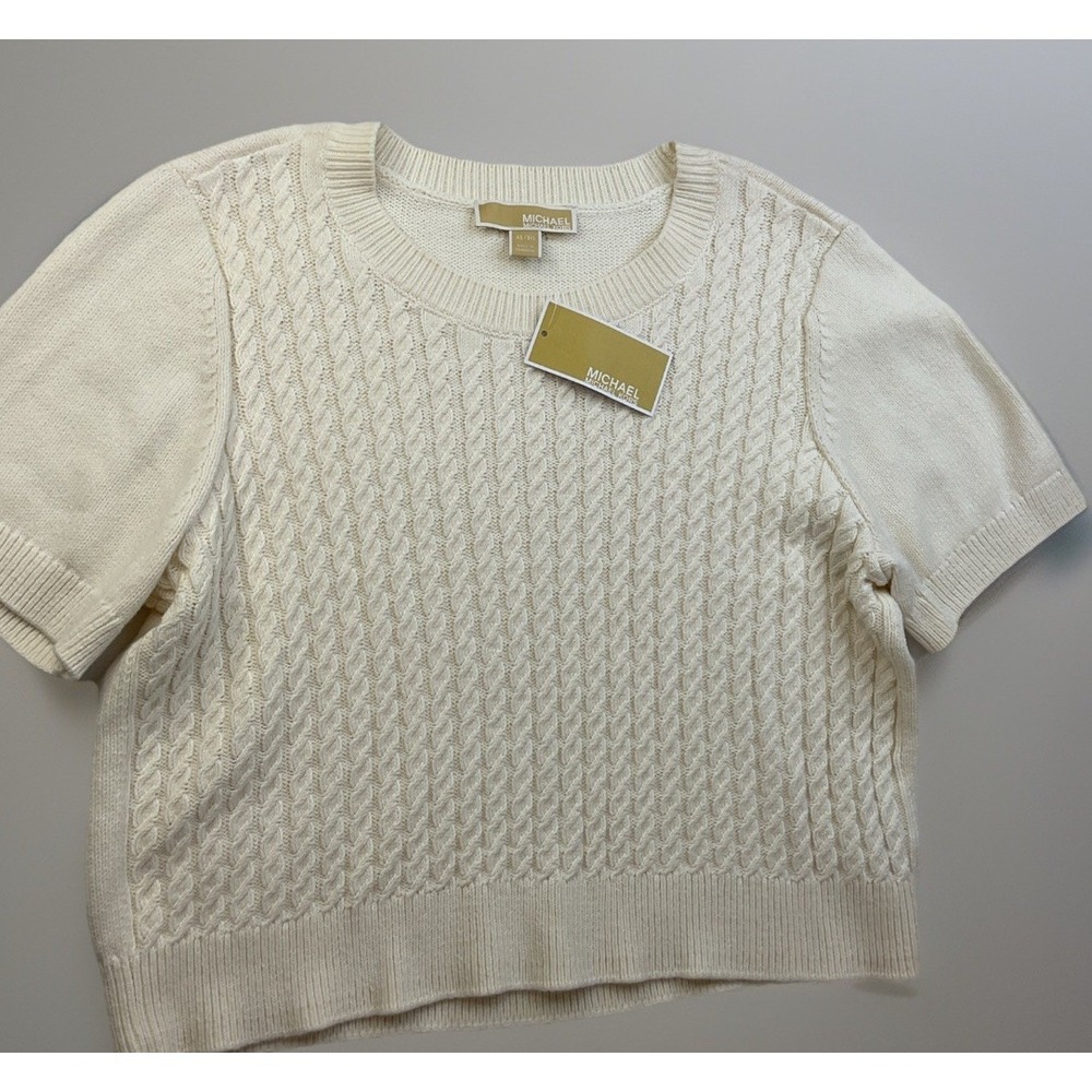 Michael Kors Womens XL Cable Knit Short Sleeve Sweater Bone Off White NWT